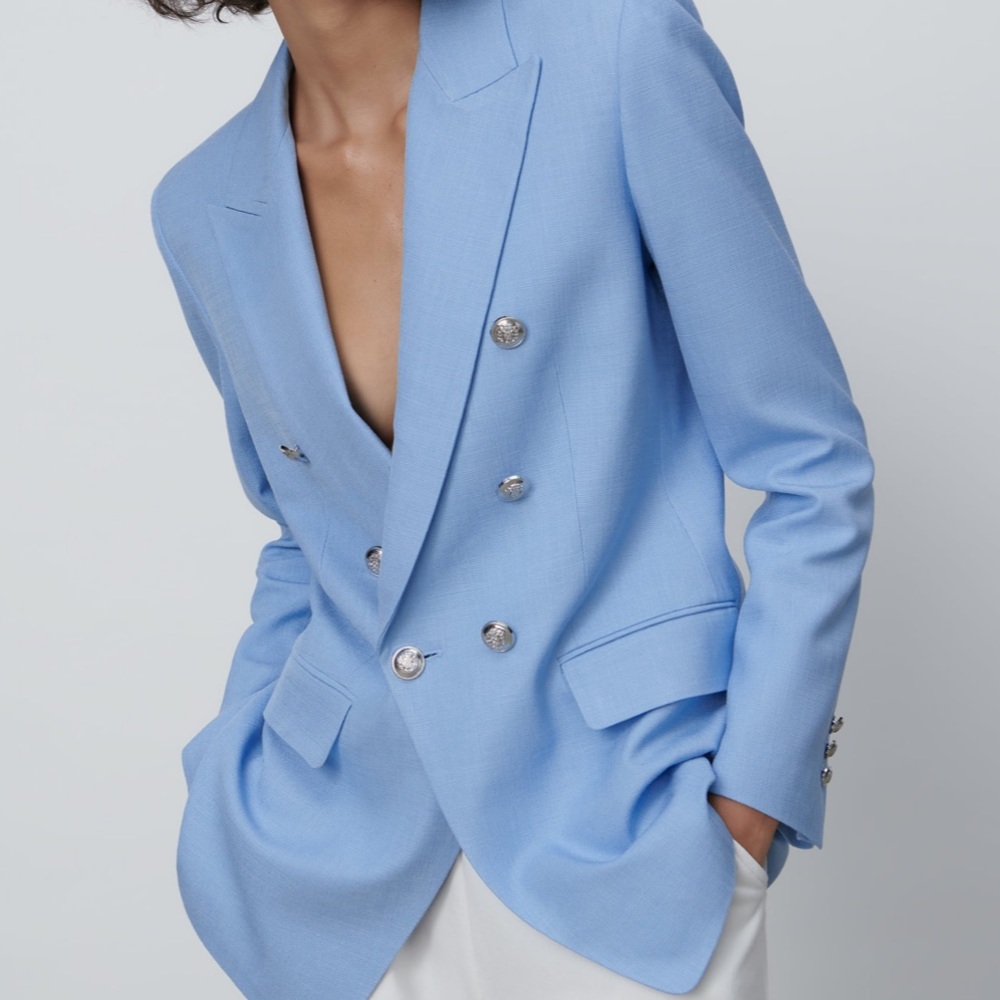 Zara New Baby Blue Double Breasted Buttoned Blazer